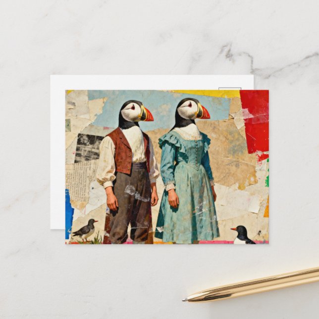 The Puffin Couple Collage Postcard (Front/Back In Situ)
