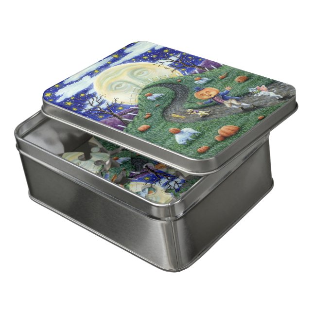 THE PUMPKIN MAN MEETING MAN IN THE MOON, HALLOWEEN JIGSAW PUZZLE (Lid Open)