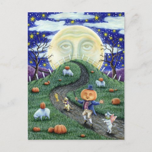 THE PUMPKIN MAN MEETING MAN IN THE MOON HALLOWEEN POSTCARD