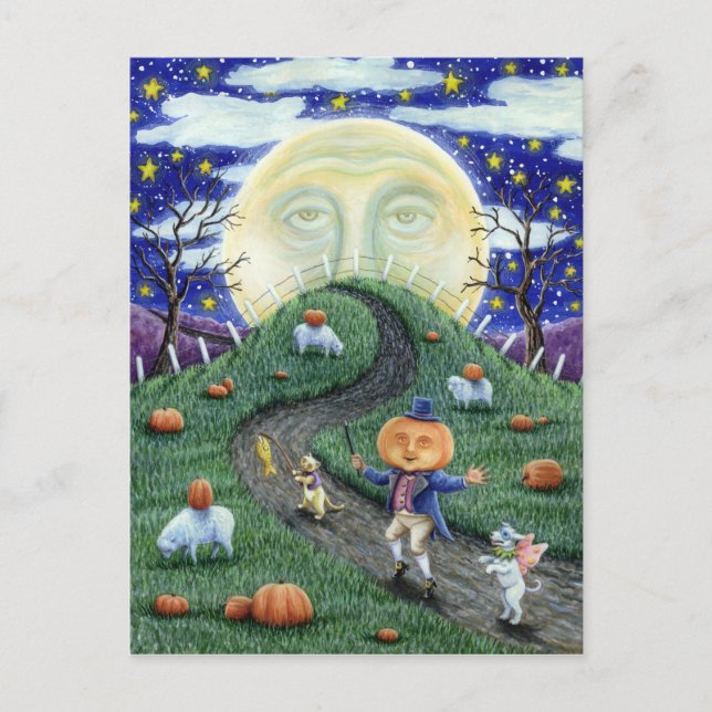 THE PUMPKIN MAN MEETING MAN IN THE MOON, HALLOWEEN POSTCARD (Front)