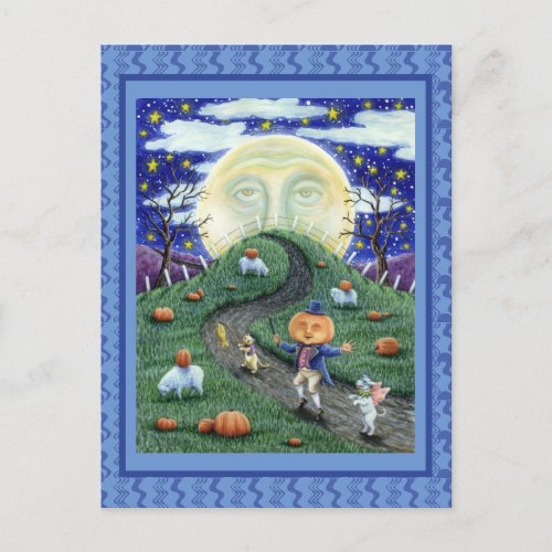 THE PUMPKIN MAN MEETING MAN IN THE MOON HALLOWEEN POSTCARD