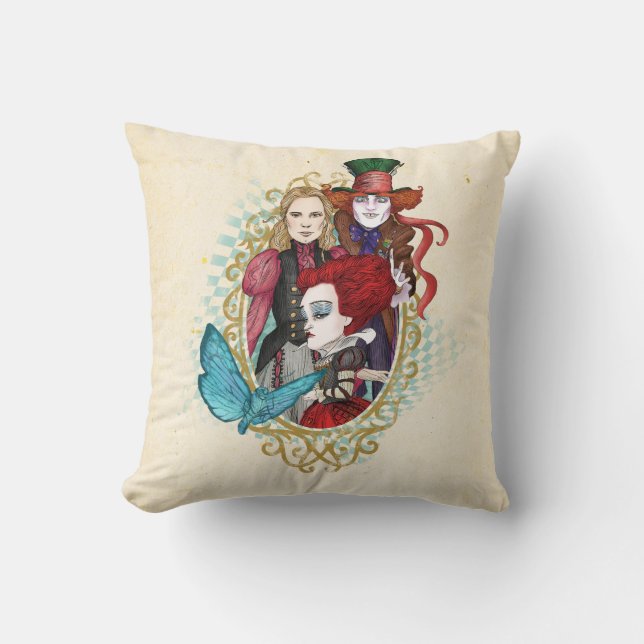 The Queen, Alice & Mad Hatter 3 Throw Pillow (Front)