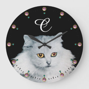 THE QUEEN OF WHITE CATS MONOGRAM ,Pink Gemstones Large Clock