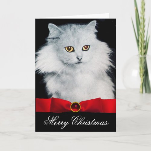 THE QUEEN OF WHITE CATS WTH RED RIBBON HOLIDAY CARD