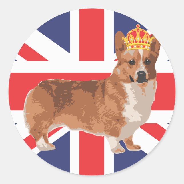 The Queen's Corgi with Crown and Union Jack Classic Round Sticker (Front)