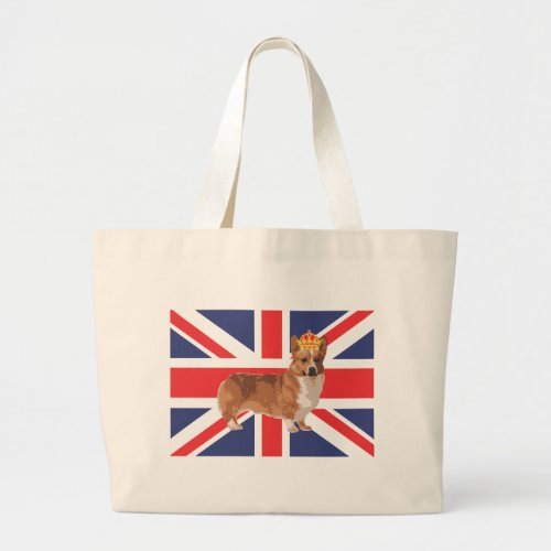 The Queens Corgi with Crown and Union Jack Large Tote Bag