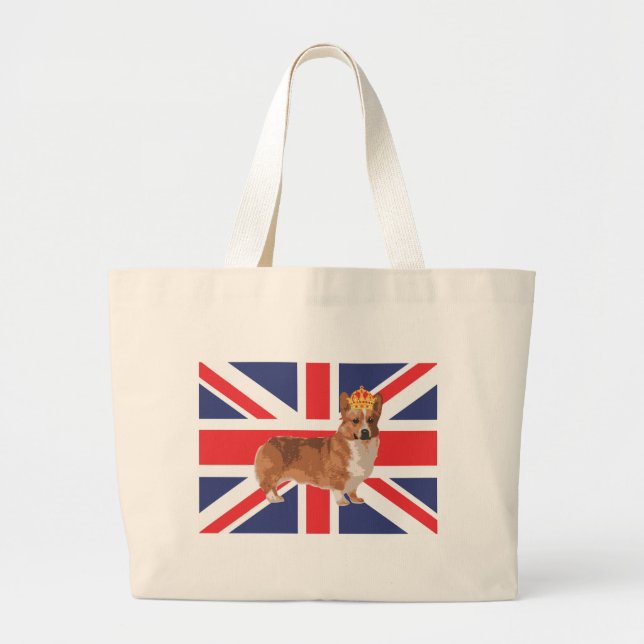 The Queen's Corgi with Crown and Union Jack Large Tote Bag (Front)