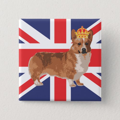 The Queens Corgi with Crown and Union Jack Pinback Button