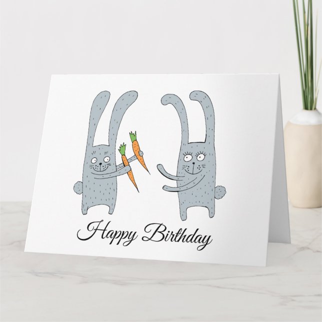 The rabbit gives the hare a carrot for his birthda card (Front)