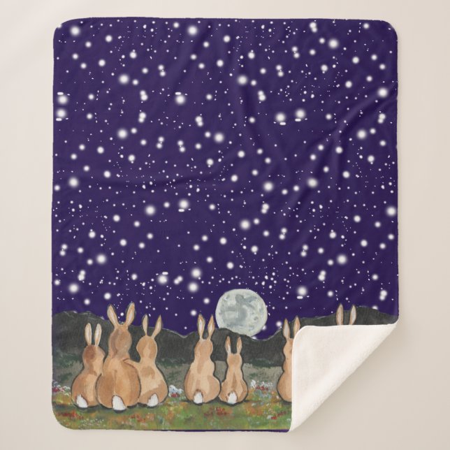 The Rabbit in the Moon Navy Blue Night Sky Bunny Sherpa Blanket (Front)