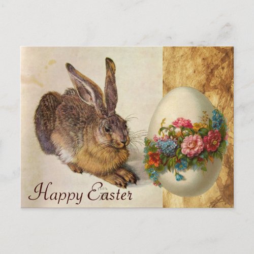 THE RABBIT  Young Hare  EASTER EGG WITH FLOWERS Holiday Postcard