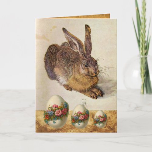THE RABBIT  Young Hare  EASTER EGGS WITH FLOWERS Holiday Card