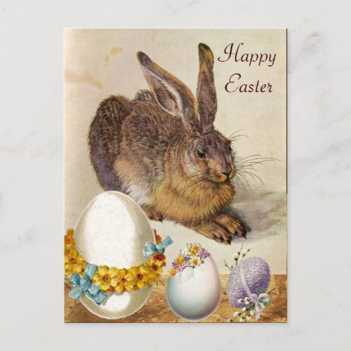 THE RABBIT  Young Hare  EASTER EGGS WITH FLOWERS Holiday Postcard