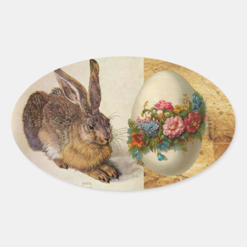 THE RABBIT  Young Hare  EASTER EGGS WITH FLOWERS Oval Sticker