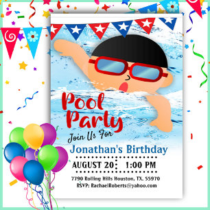 The Race Is On Boys Birthday Pool Party Invitation