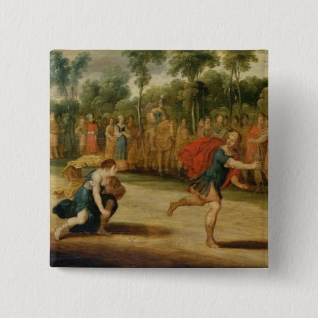 The Race of Atalanta and Hippomenes (oil on panel) Button (Front)