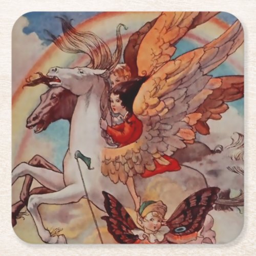 âœThe Rainbow Twinsâ by Florence Anderson Square Paper Coaster