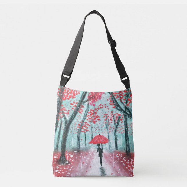 The Rainy Path Human Silhouette with Red Umbrella  Crossbody Bag (Front)