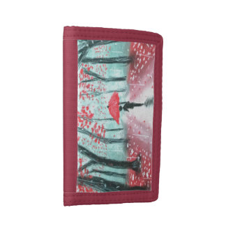The Rainy Path Human Silhouette with Red Umbrella Trifold Wallet