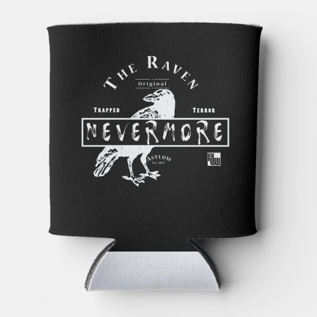 The Raven Ayslum (white text) Can Cooler (Front)