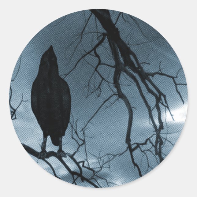 The Raven - Nevermore Sunbeams & Tree Blue Classic Round Sticker (Front)