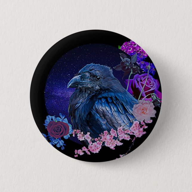 The Raven's Floral Galaxy | Goth Badge Button (Front)