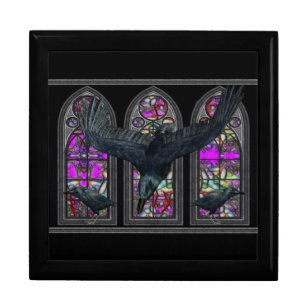 Gothic Silhouette Raven Glass Jewelry Box 4/"W Haunted Crow On Tree Branch Box