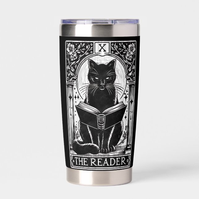 The Reader Black Cat Tarot Card Insulated Tumbler (Front)