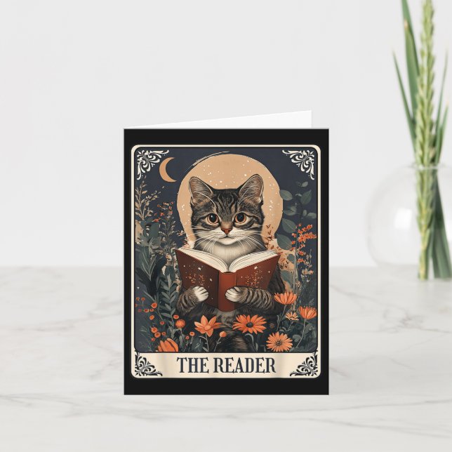 The Reader Tarot Card Cat Reading Book Floral Book (Front)