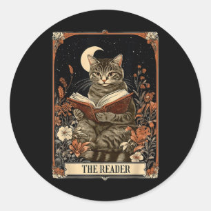 The Reader Tarot Card Cat Reading Book Floral Moon Classic Round Sticker
