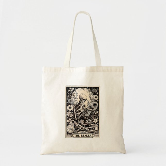 The Reader Tarot Card Funny Book Lover Skeleton Re Tote Bag (Front)