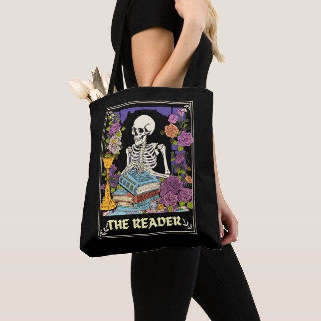 The Reader Tarot Card Skeleton Tote Bag (Close Up)