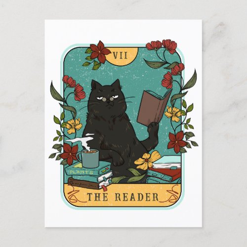 The Reader Tarot Cat with flowers books coffee Postcard