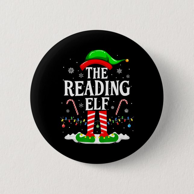 The Reading Elf Xmas Funny Book Lover Christmas Bo Button (Front)