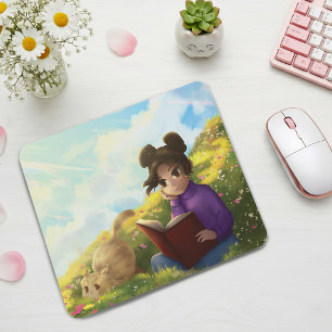The Reading Girl and The Bored Cat Mouse Pad