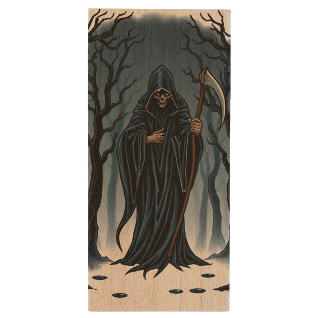"The Reaper's Path – No Escape from Fate" 💀🌲 Wood Flash Drive (Back (Vertical))