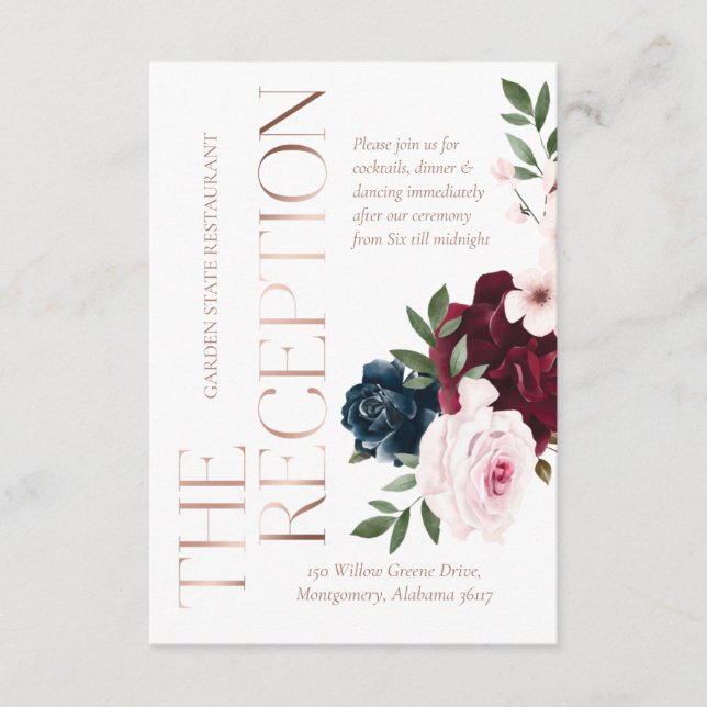 The Reception Burgundy & Navy Watercolor Florals Enclosure Card (Front)