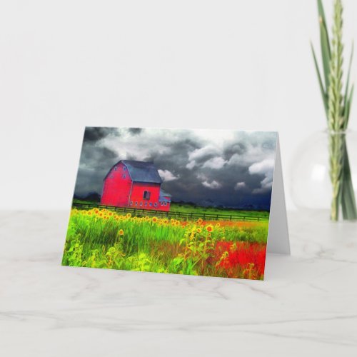 The red barn Greeting card barn farm Sunflower Card