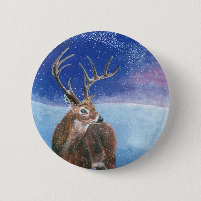 The red Deer Cervus elaphus and Winter Landscape  Button (Front)