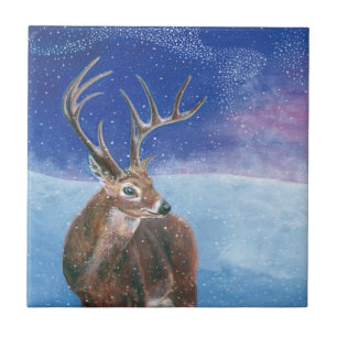 The red Deer Cervus elaphus and Winter Landscape Ceramic Tile