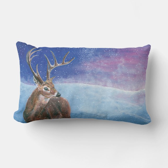 The red Deer Cervus elaphus and Winter Landscape Lumbar Pillow (Front)