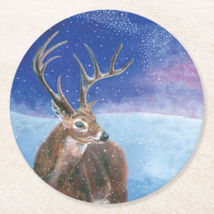 The red Deer Cervus elaphus and Winter Landscape Round Paper Coaster