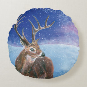 The red Deer Cervus elaphus and Winter Landscape  Round Pillow
