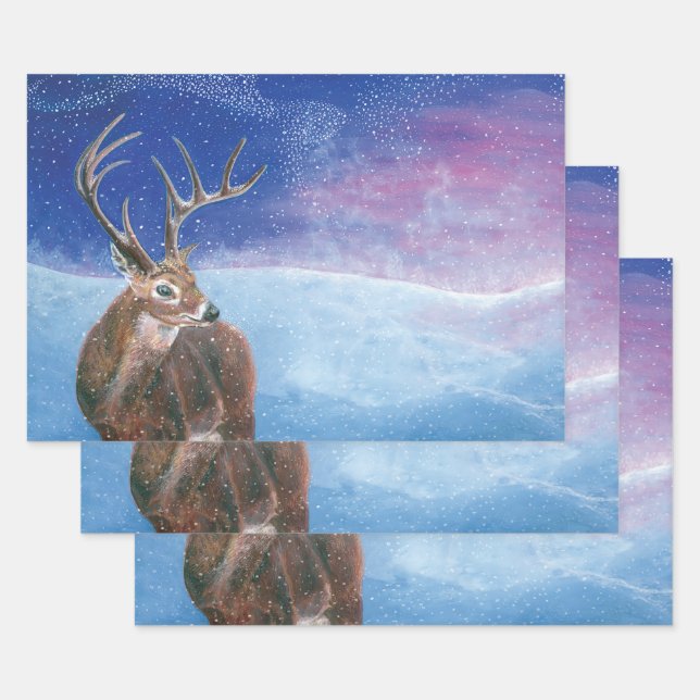 The red Deer Cervus elaphus and Winter Landscape  Wrapping Paper Sheets (Set)
