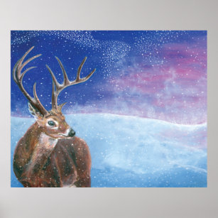 Woodland Holiday, Deer and Cardinal Winter Wall Art Print