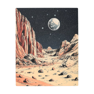 The Red Frontier: A Retro Sci-Fi Alien Landscape Metal Print