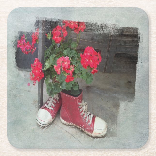 The Red Geraniums as a sturdy Square Paper Coaster (Front)