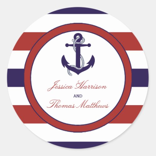 The Red  Navy Nautical Anchor Wedding Collection Classic Round Sticker