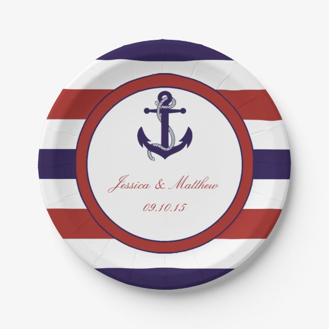 The Red & Navy Nautical Anchor Wedding Collection Paper Plates (Front)