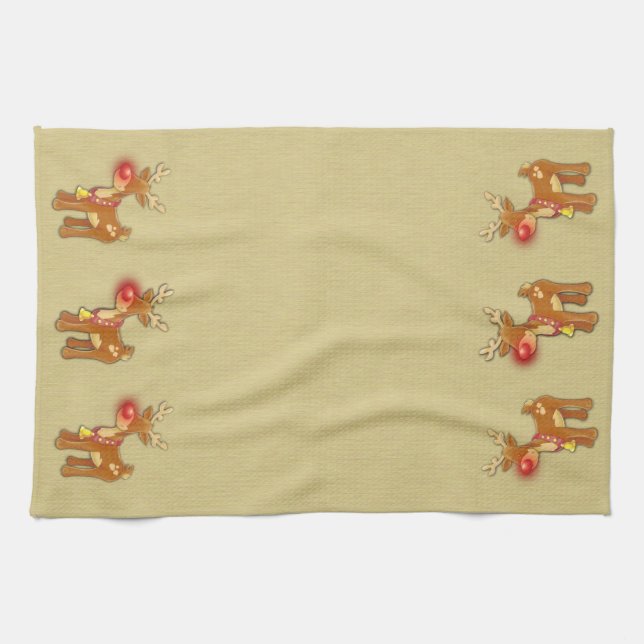 the Red Nose Reindeer Christmas Gold Kitchen Towel (Horizontal)